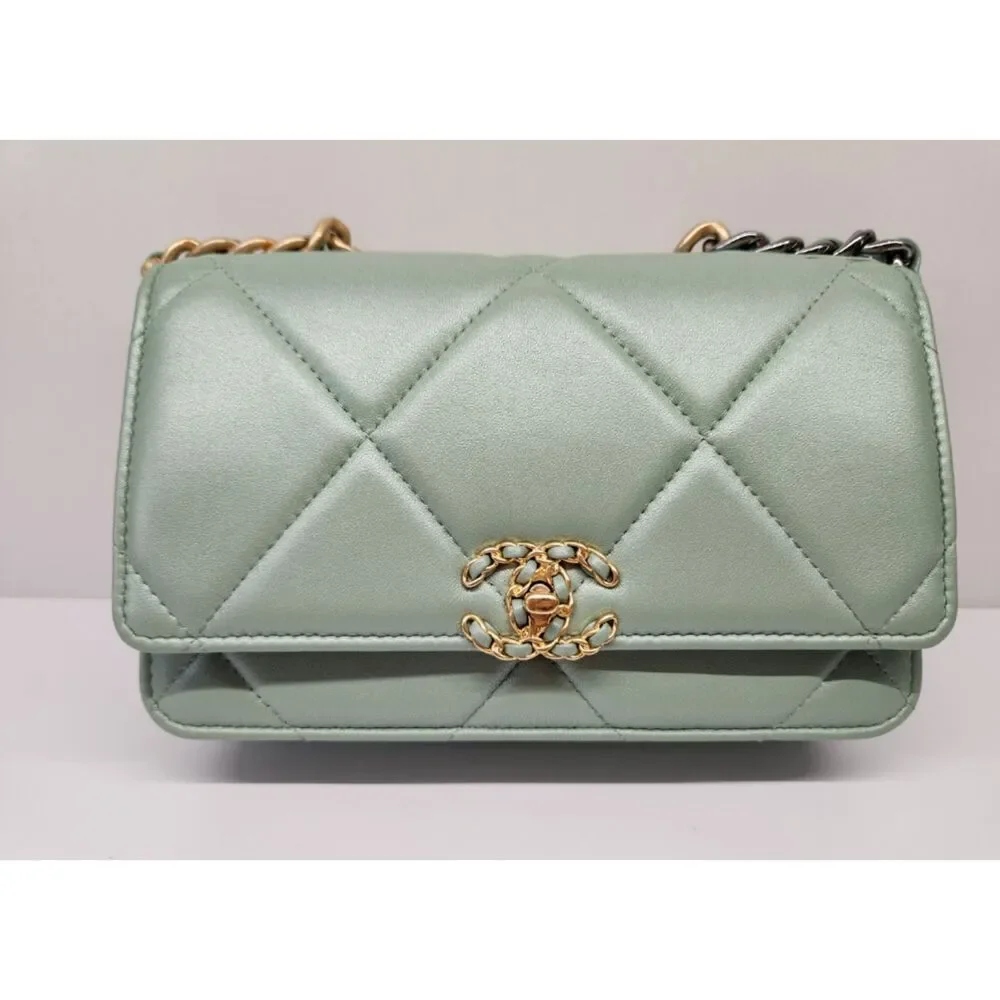 CHANEL 19 WOC Pearlescent Green Lambskin Mixed Metal Chain Crossbody Microchip
